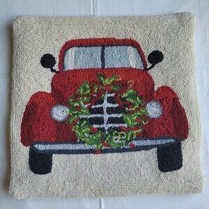 Peking Handicraft Christmas Holiday Red Car Wool Cotton Throw Pillow Cover 18 in